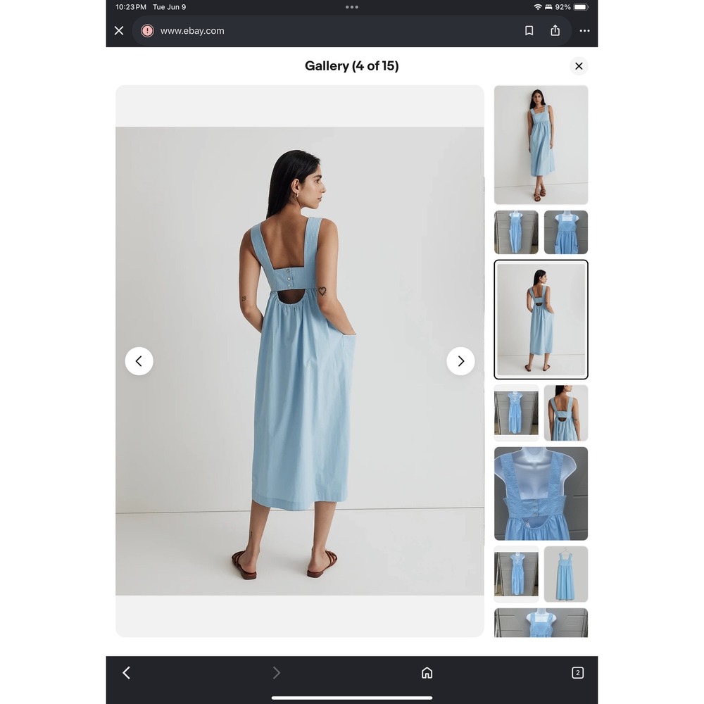 Madewell Light Blue Seersucker Cutout Back Midi Dress Womens Size 14 Pockets - Picture 2 of 8